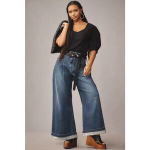 Pilcro Anthropologie Emory Pleated High Rise Wide Leg Cuffed Denim Jeans Size 32